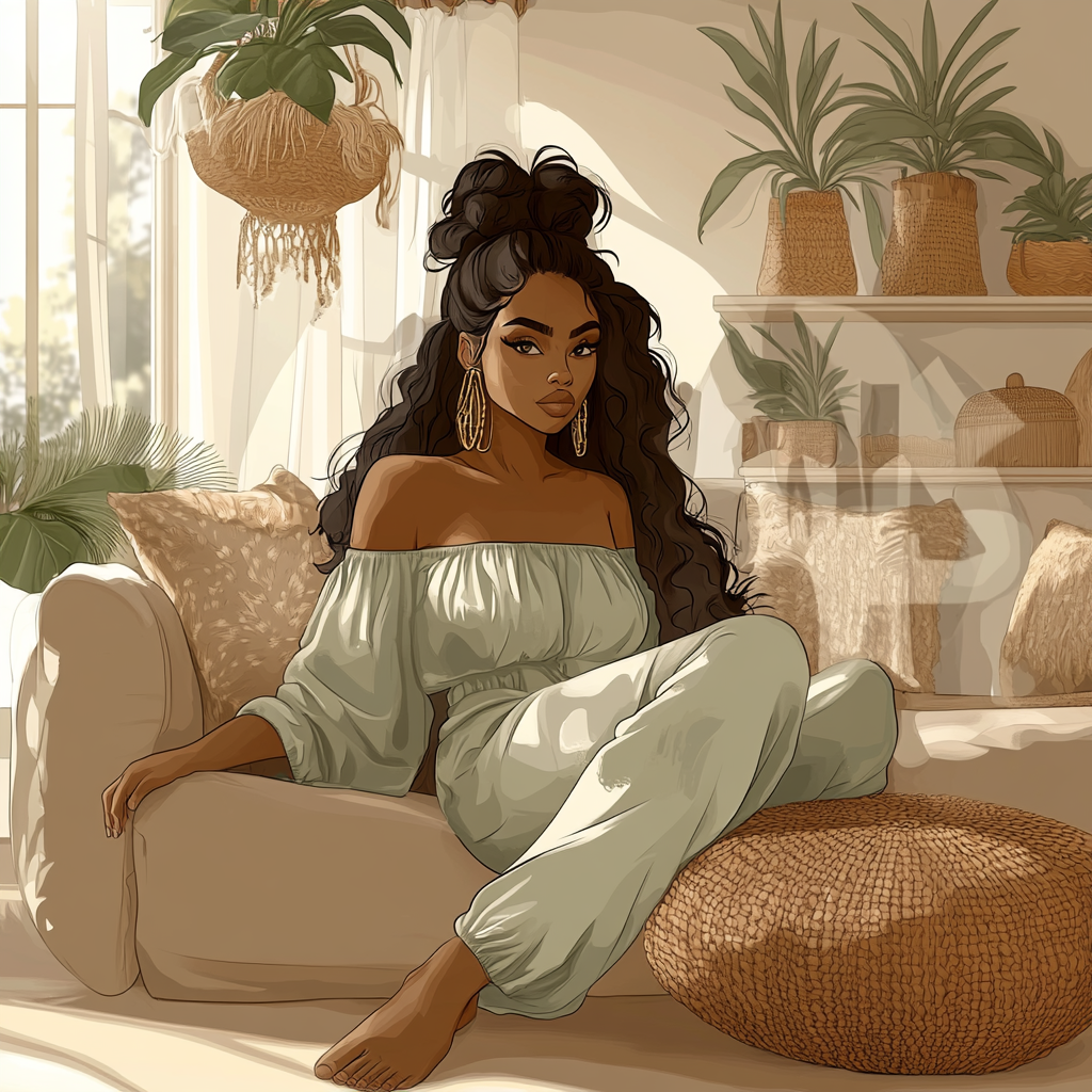 Black woman in cozy living room with plants and warm decor