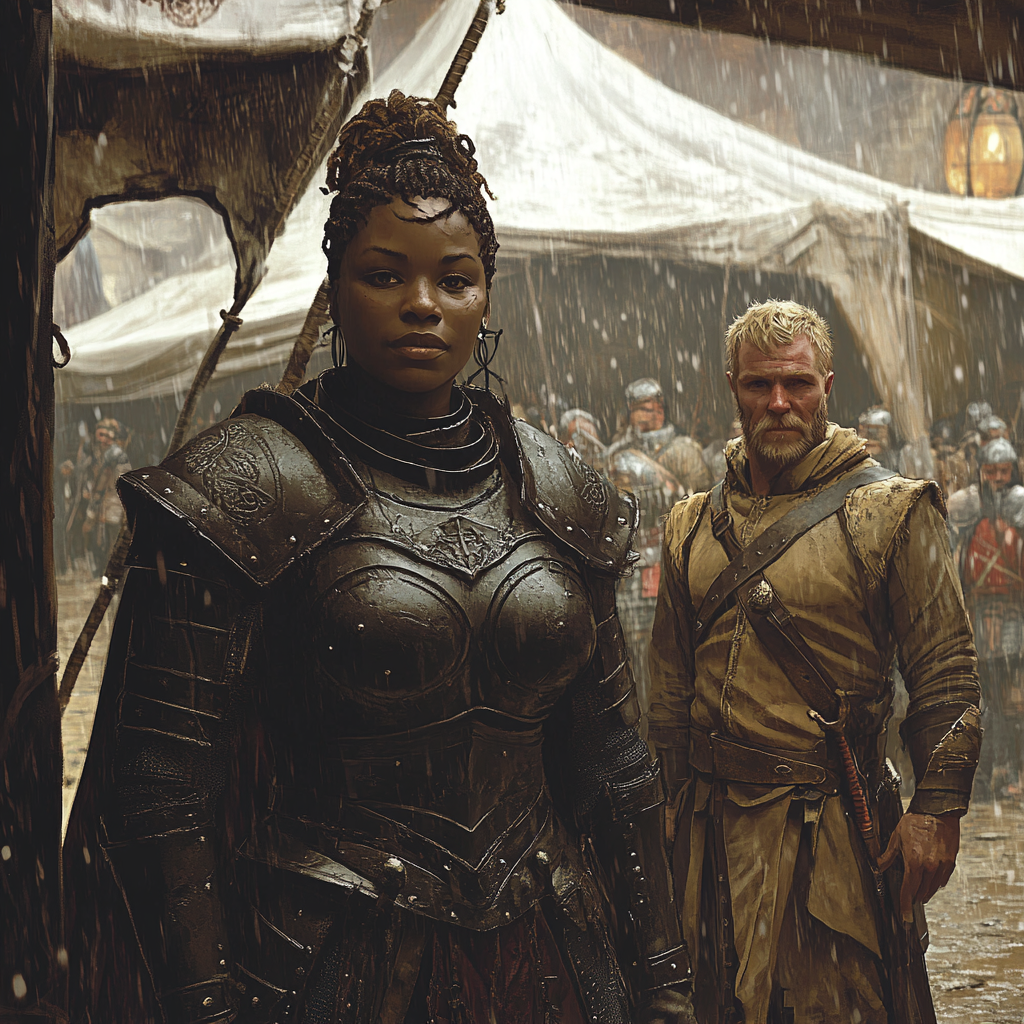 Black woman in plate armor and halfling soldier.