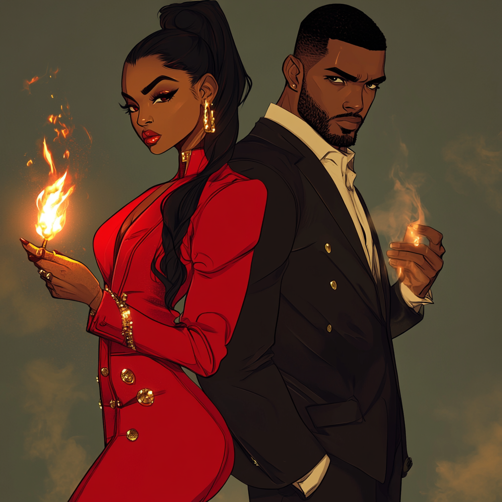 Black woman in red suit holds small fire flame.