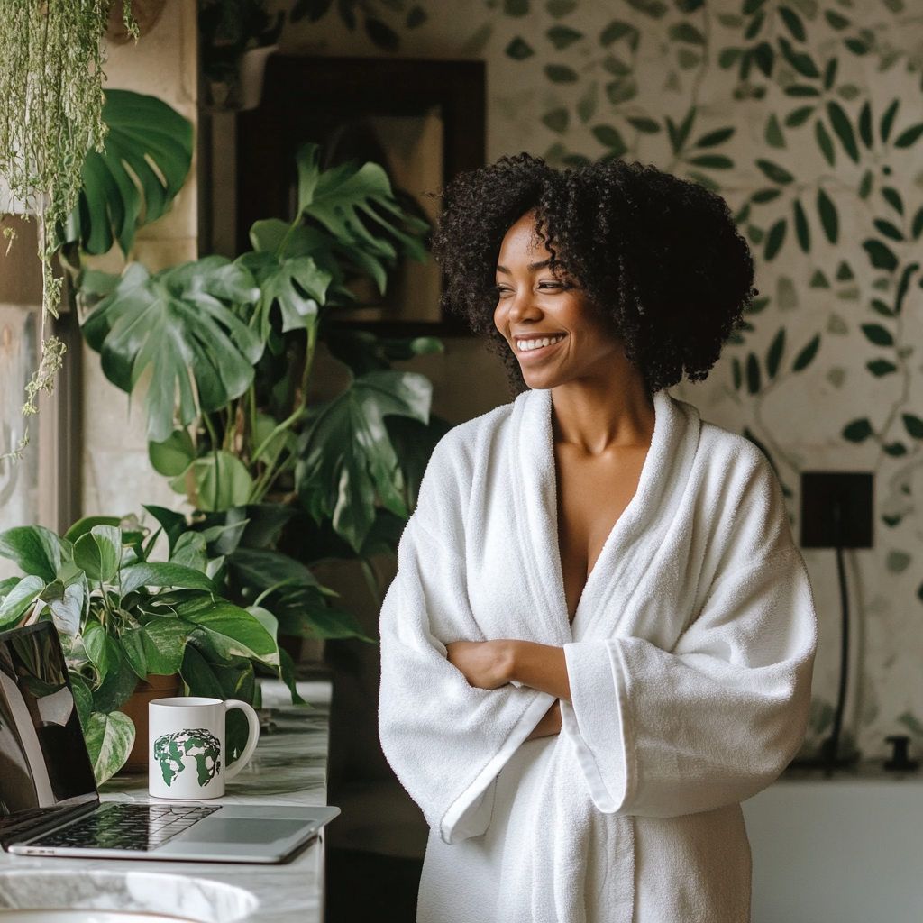 Black woman in white robe smiling in green plant bathroom.