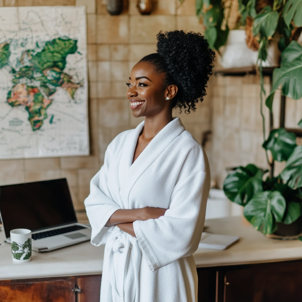 Black woman in white robe smiling in plant-filled bathroom.