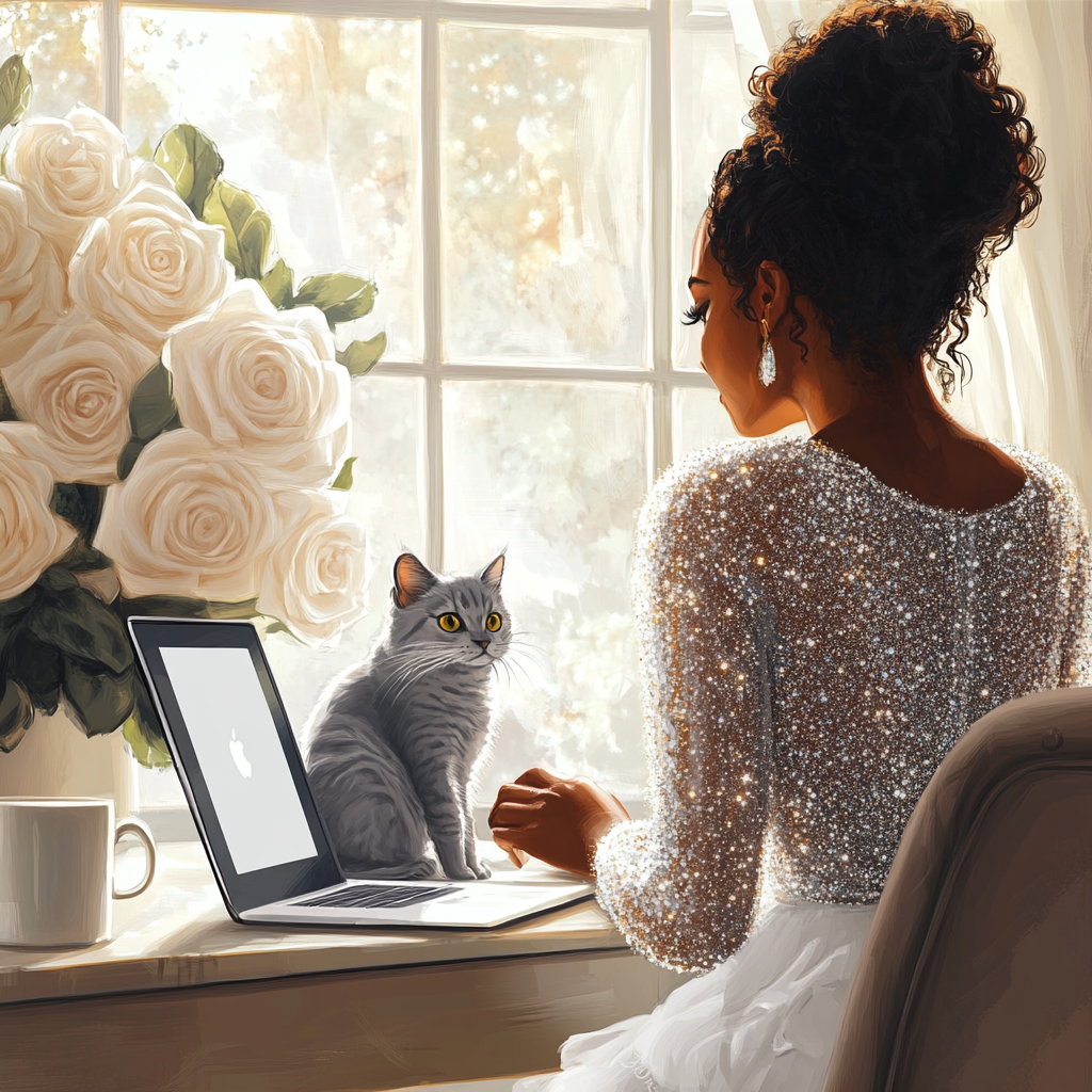 Black woman in white top with laptop, coffee, cat