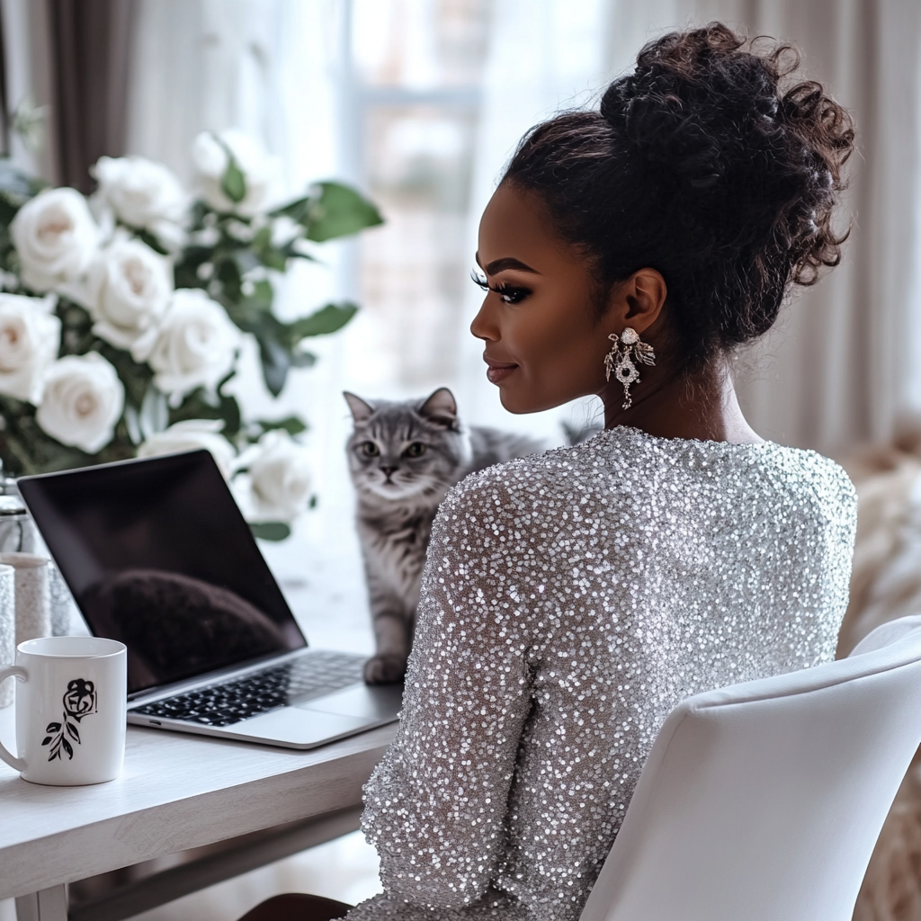 Black woman in white top with laptop, coffee, roses