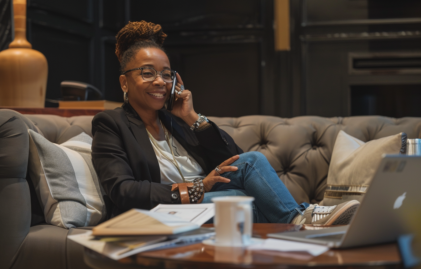 Black woman politician sits on couch, talks and smiles.