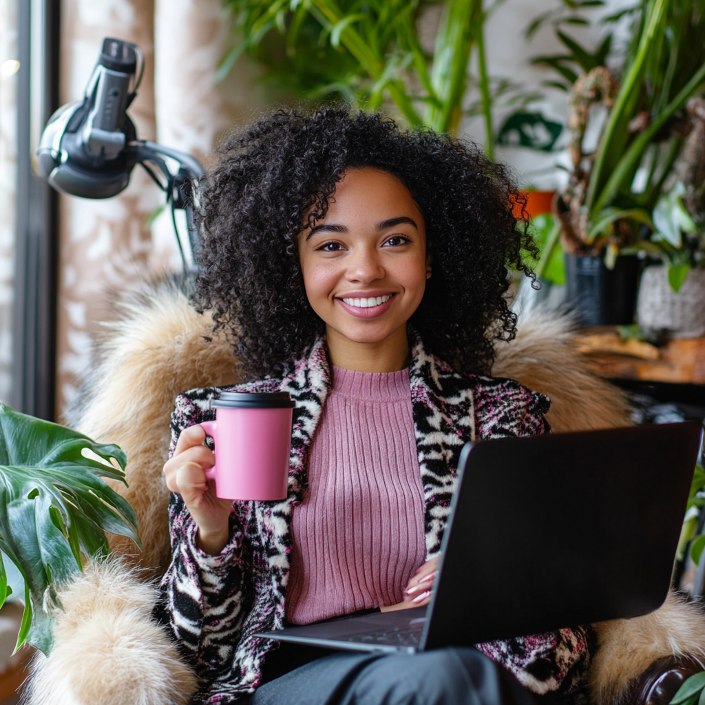 Black woman recording YouTube video with pink mug.