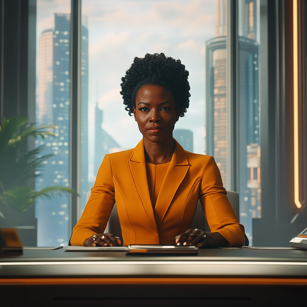 Black woman resembling Viola Davis, in futuristic studio.