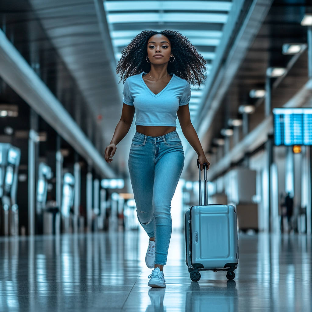 Black woman rushing in airport to catch flight.