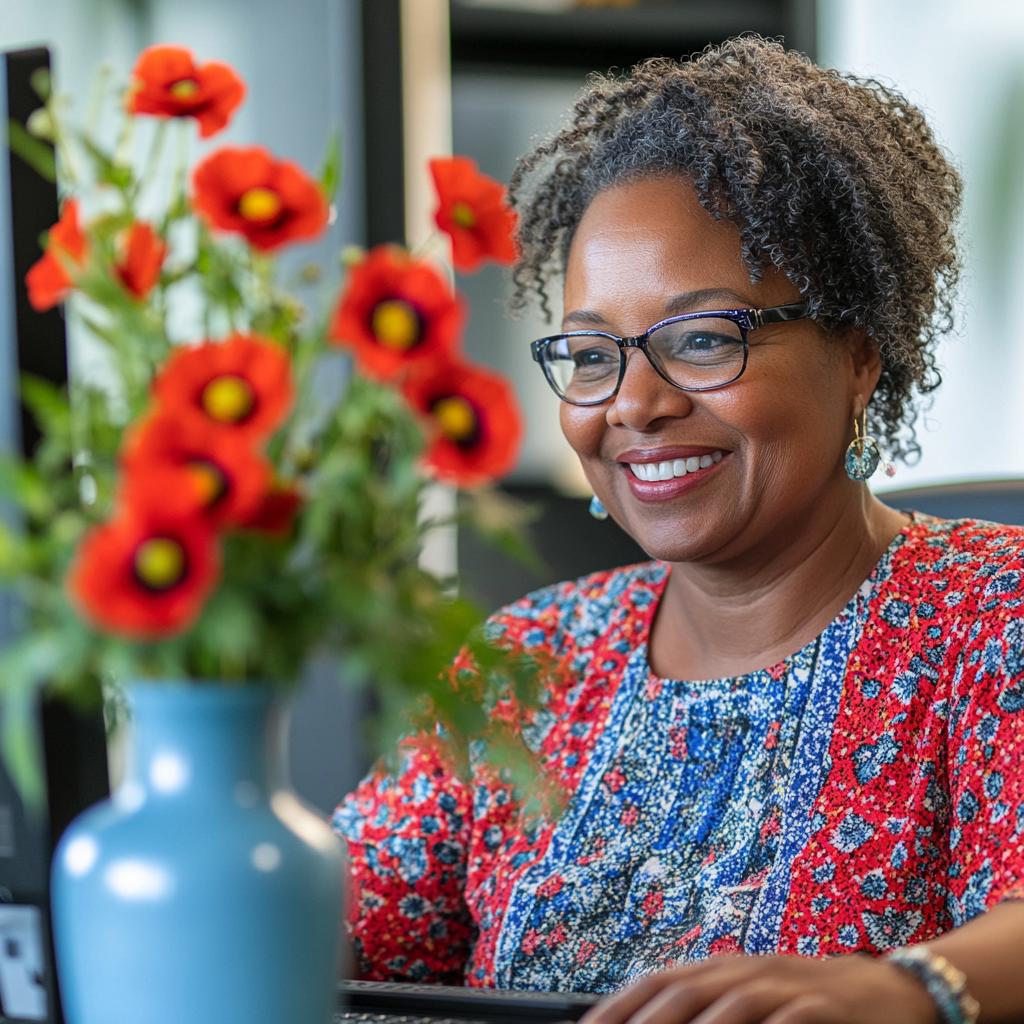 Black woman smiling at virtual meeting, engaging with screen.