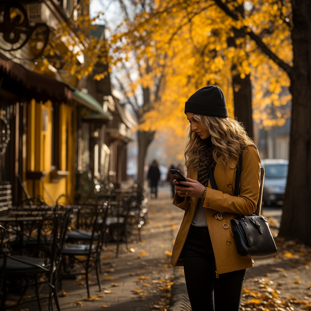 Black woman walks down tree-lined street with fall trees.