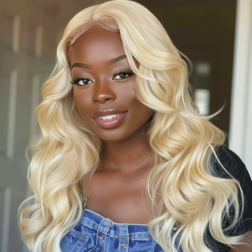 Black woman wearing blonde lace frontal wig, smiling confidently.