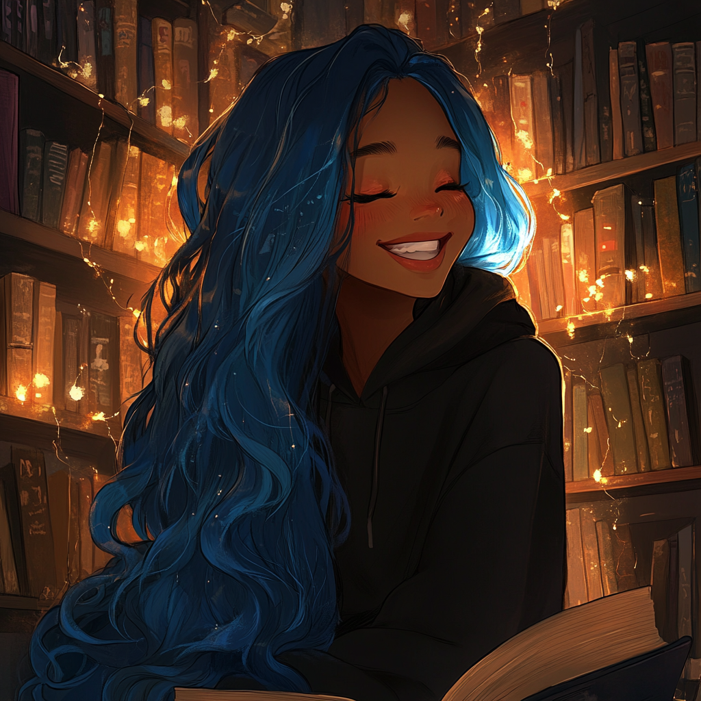 Black woman with blue hair in cozy library, blushing.