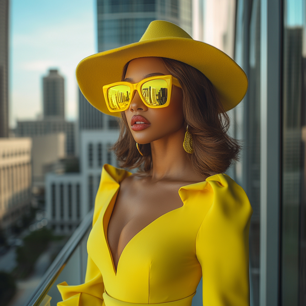 Black woman with brown hair in yellow attire.