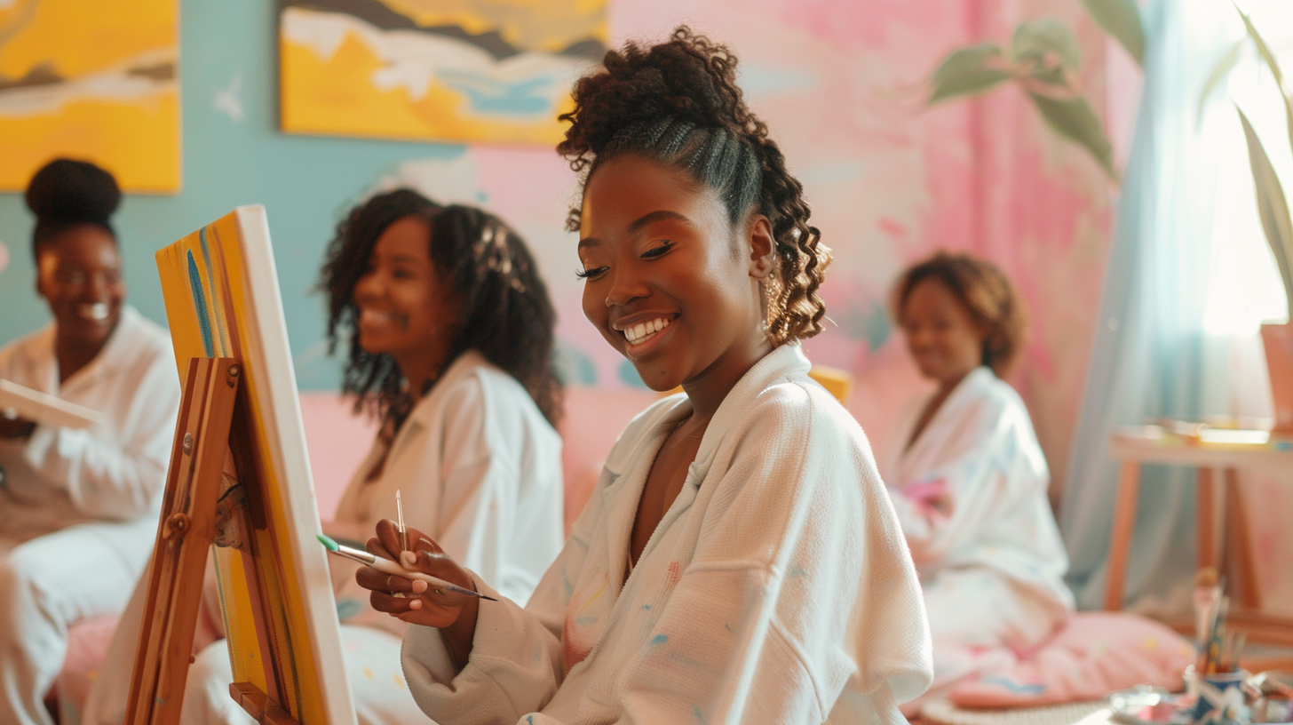 Black women at cozy pajama party painting together joyfully.