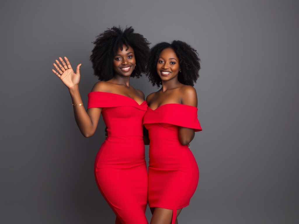 Black women in red off shoulder dresses wave gracefully.