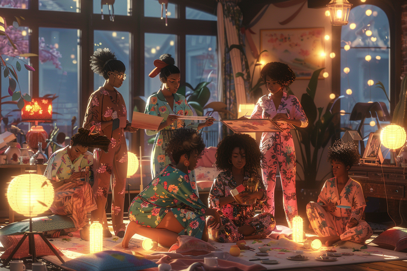 Black women painting, cozy lamps, warm ambiance, patterns.