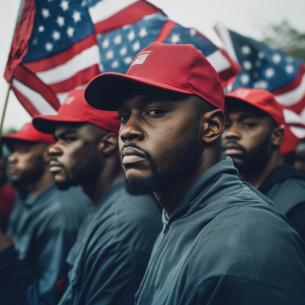 Black workers in US flag-themed hyperealistic photography 