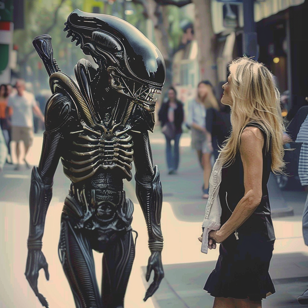 Black xenomorph alien walking, predator alien holds woman's hand.