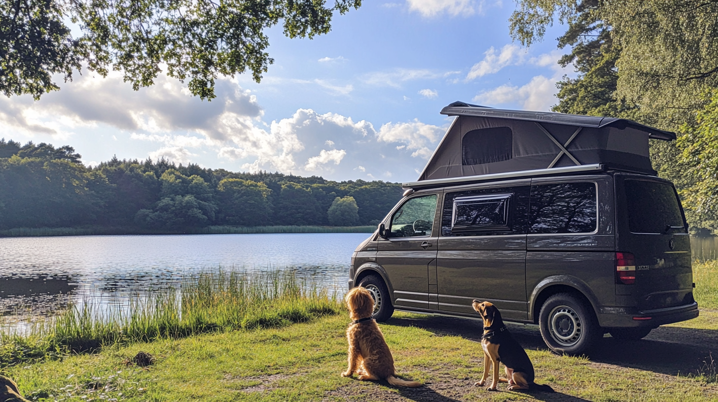 Blackberry Metallic 2014 T5 Transporter Camper Van with Cockapoo and Doberman by Lake