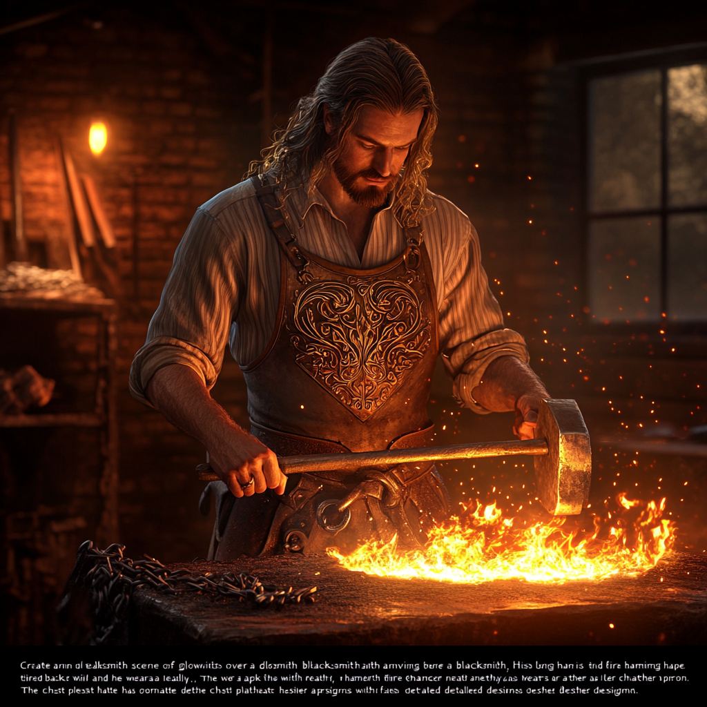 Blacksmith at glowing anvil hammers metal with fire.