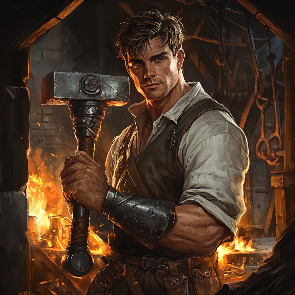 Blacksmith with clockwork arms holding large hammer in forge.