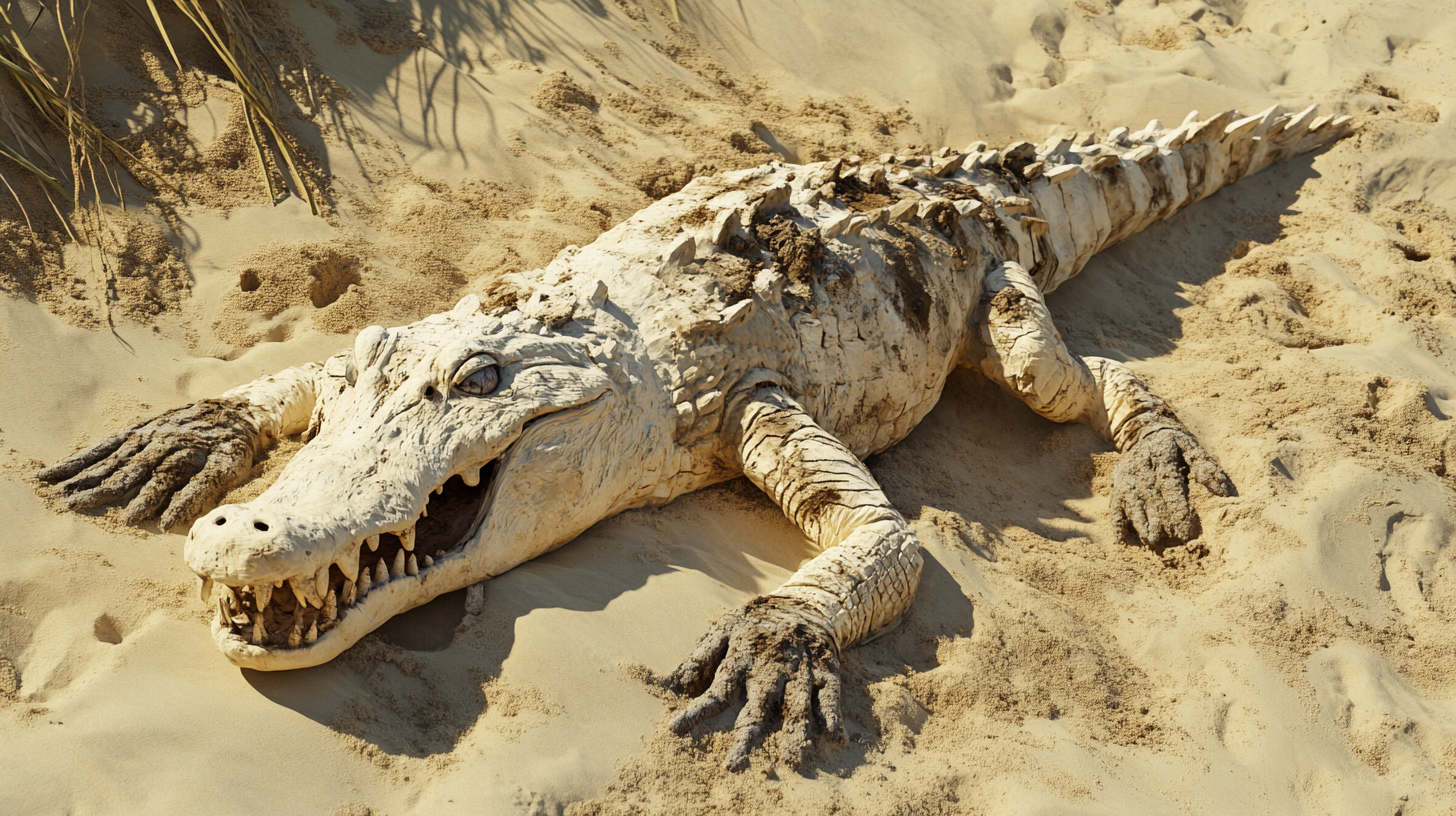 Bleached zombie crocodile claymation on Lompoc beach