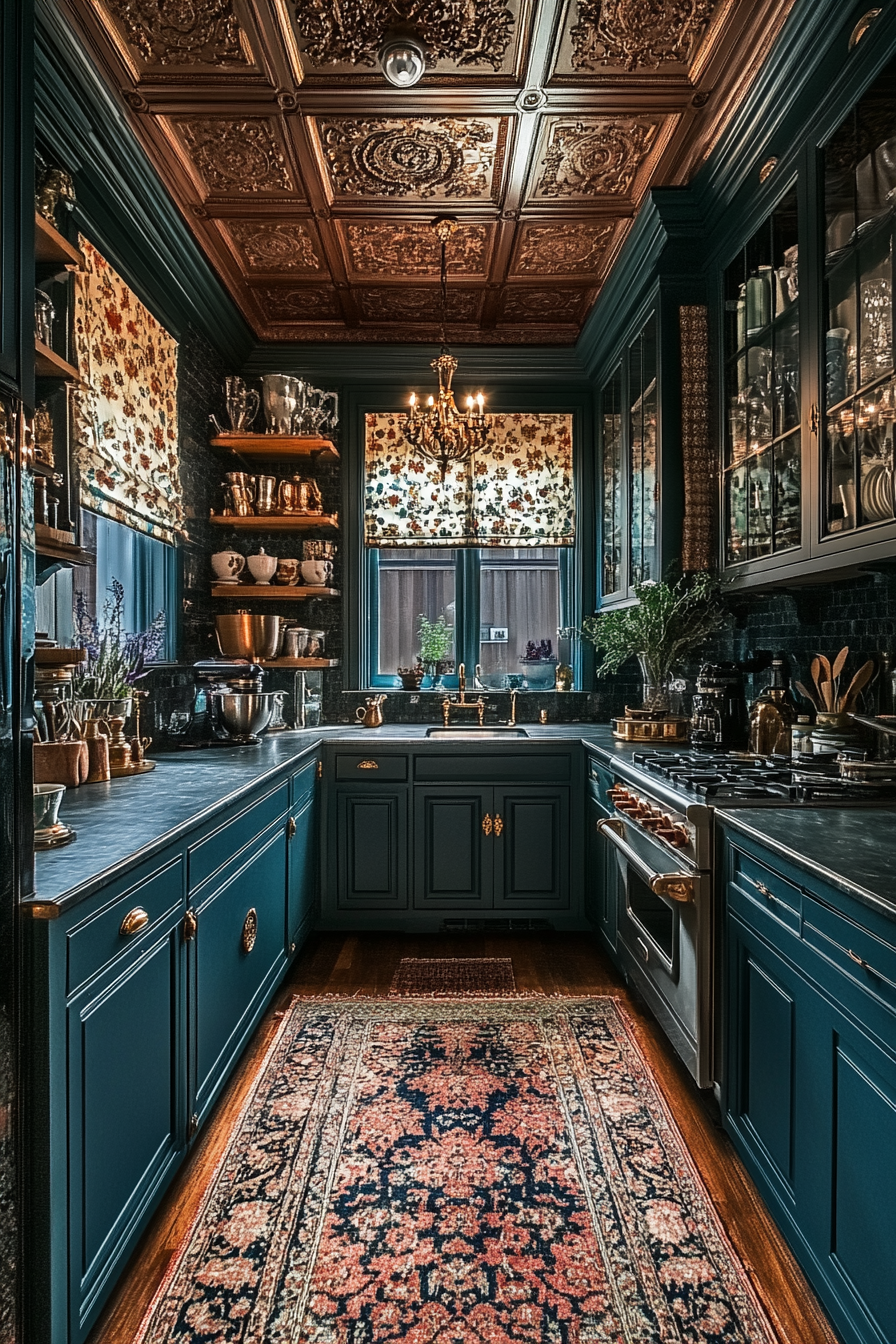 Blend Victorian elegance with gothic flair in kitchen redesign.