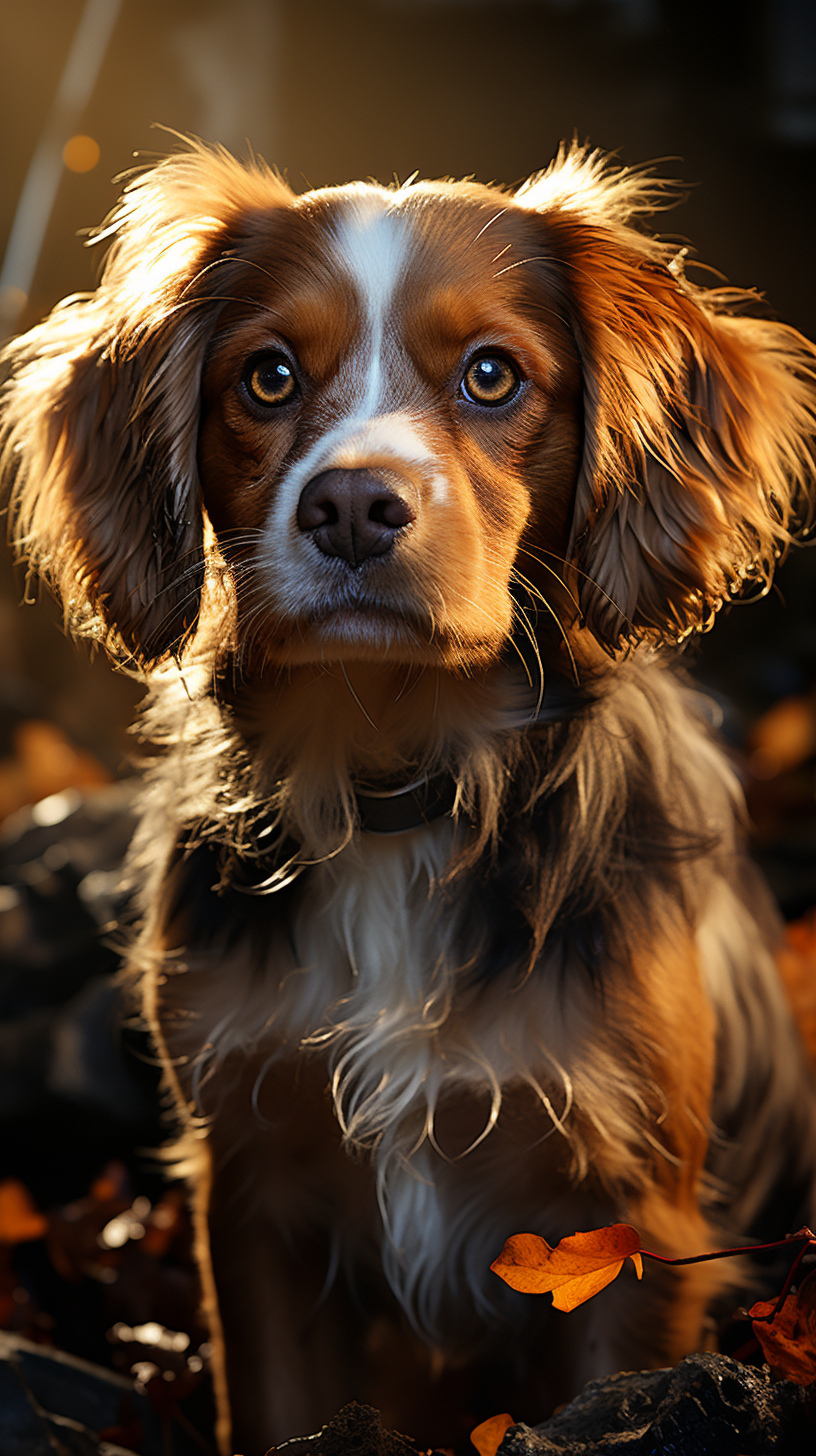 Blenheim Cavalier King Charles Spaniel puppy with dramatic lighting.