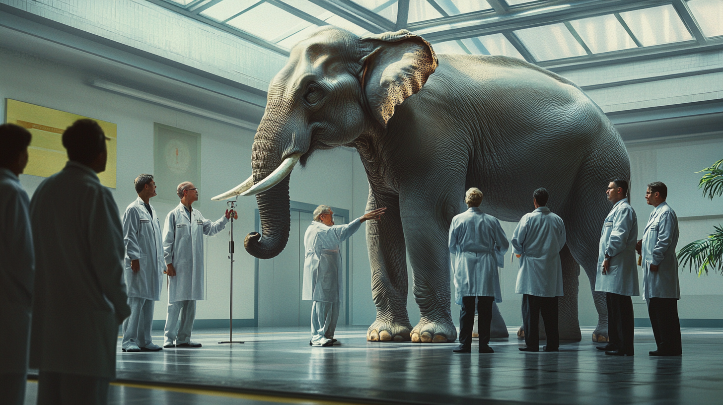 Blind Doctors Examining an Elephant in Lab