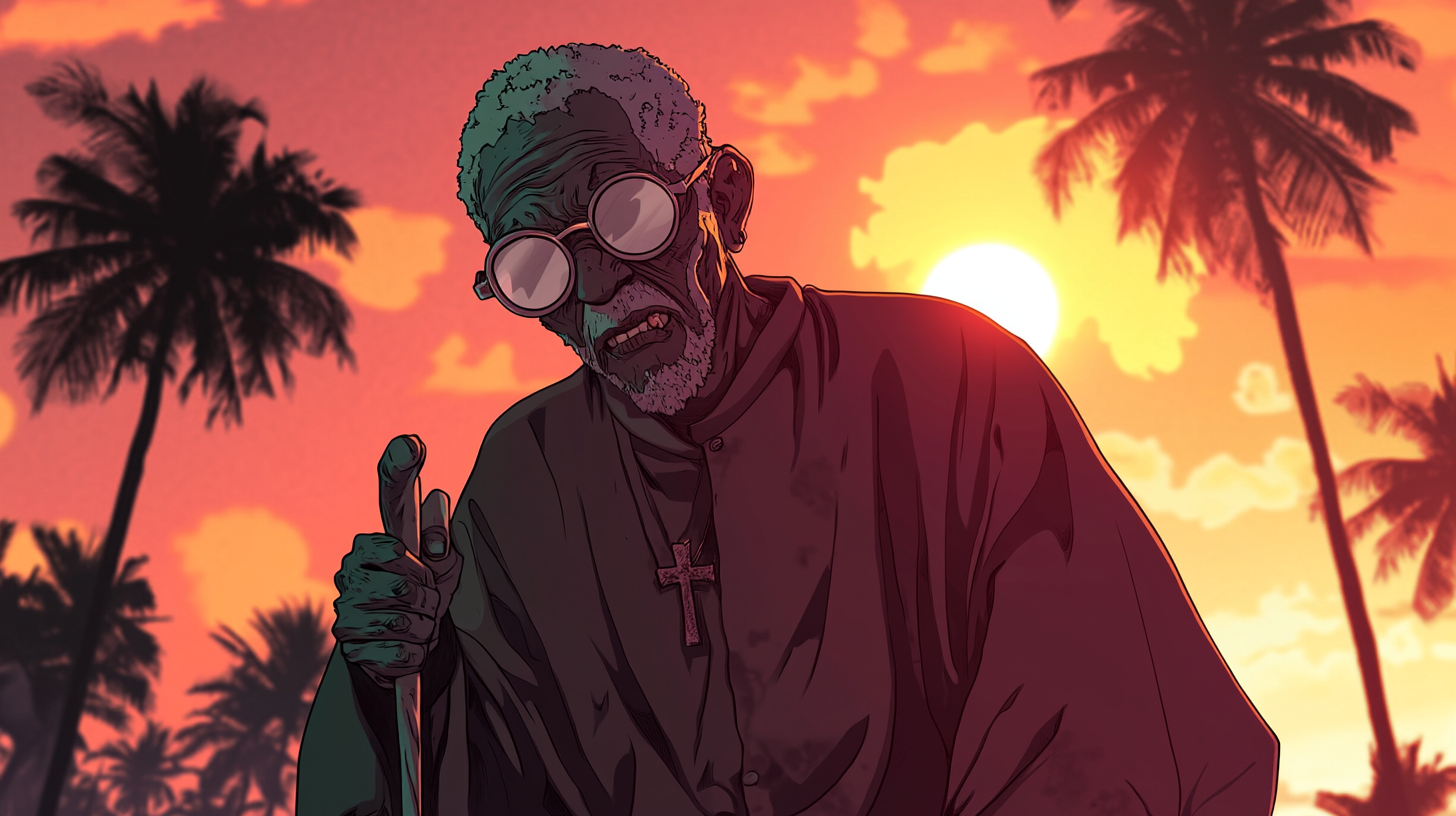 Blind Jamaican Zombie Priest at Sunset