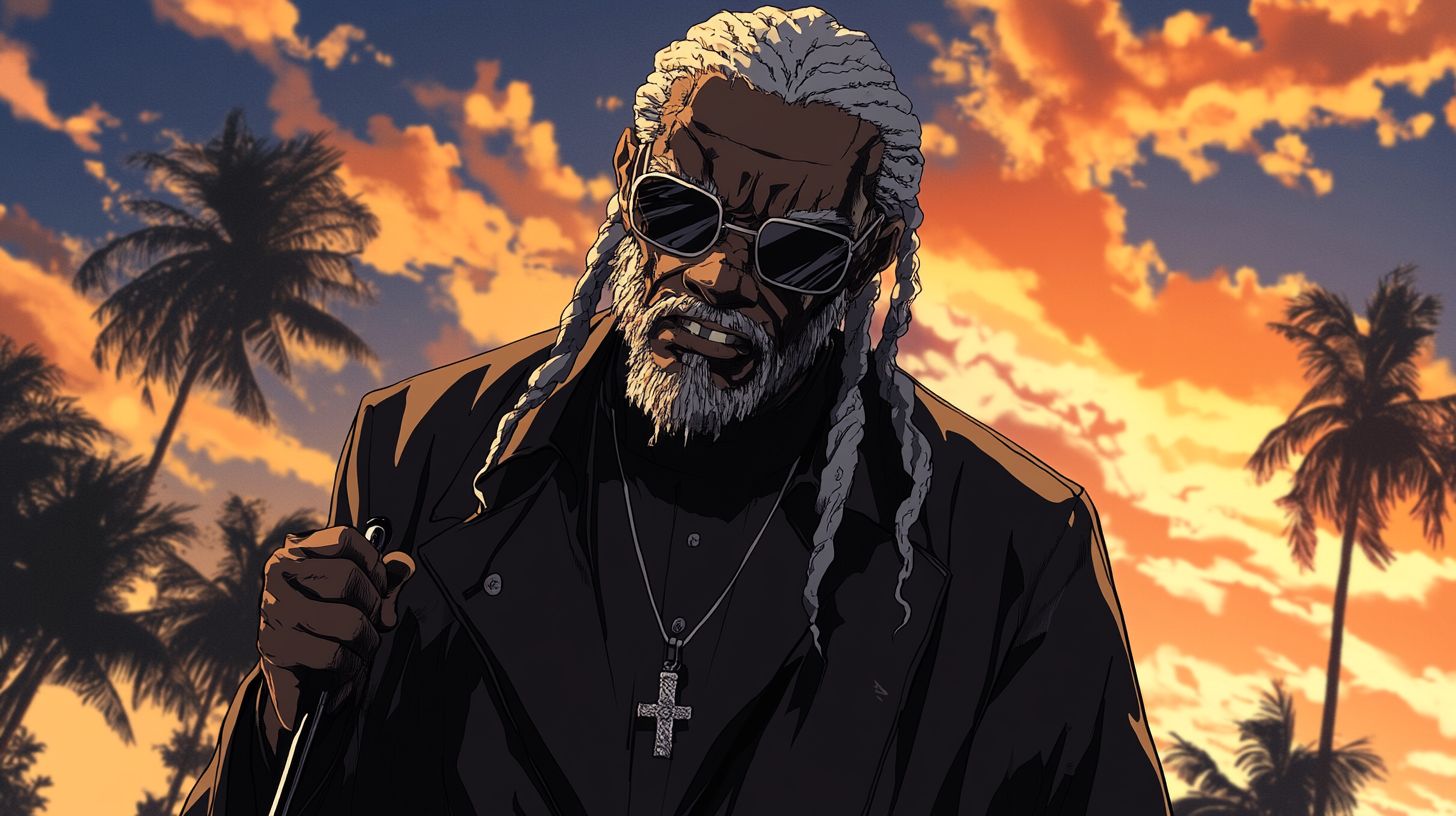 Blind Jamaican Zombie Priest: Anime Style Sunset Scene