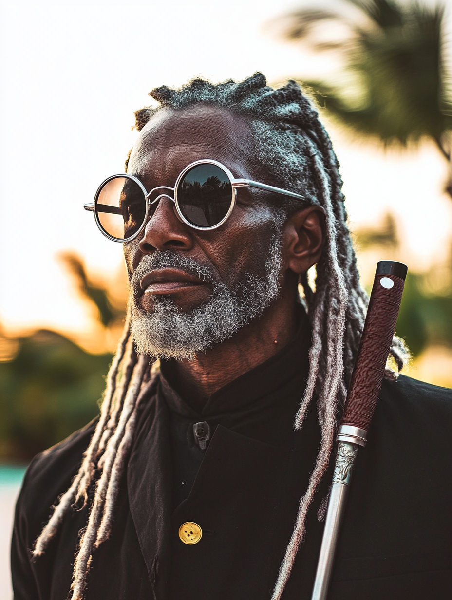 Blind Jamaican man in stylish sunglasses, silver dreadlocks