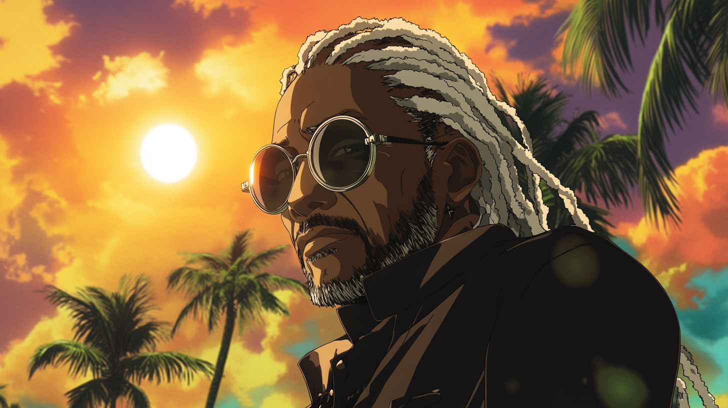 Blind Jamaican man with silver dreadlocks in anime.