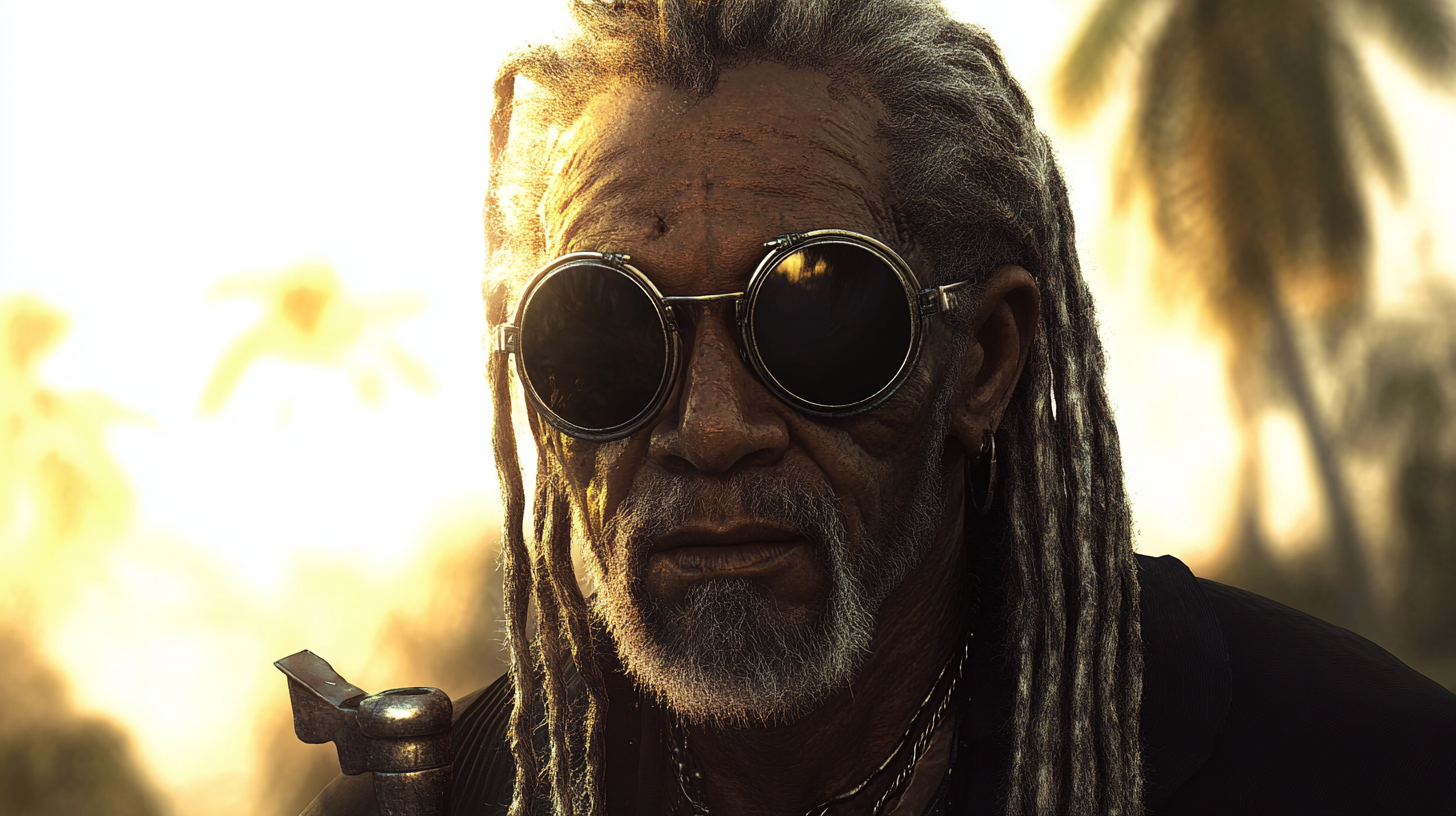 Blind Jamaican voodoo priest with silver dreadlocks.