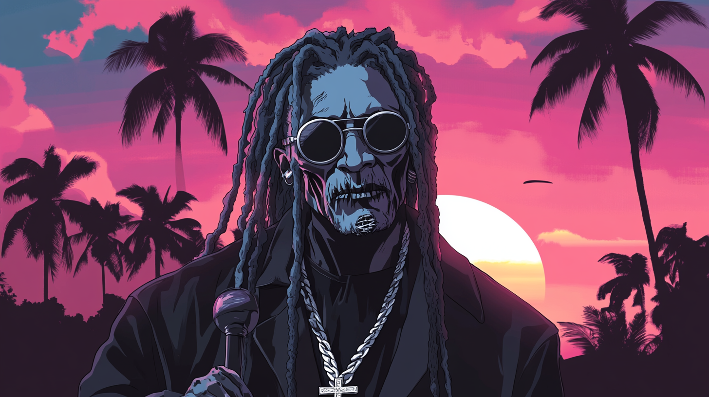 Blind Jamaican zombie priest with long dreadlocks