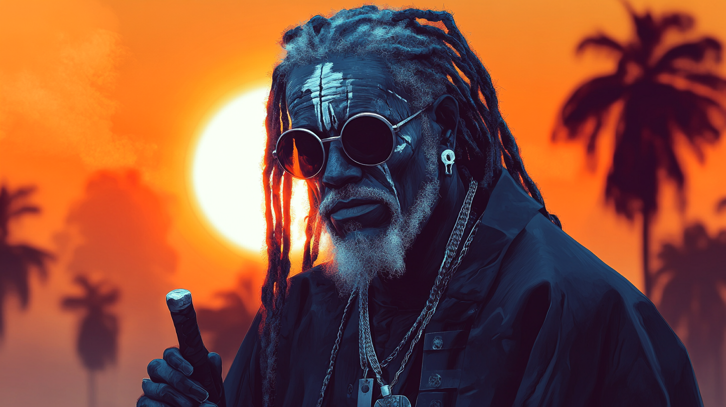 Blind Jamaican zombie priest with silver dreadlocks.