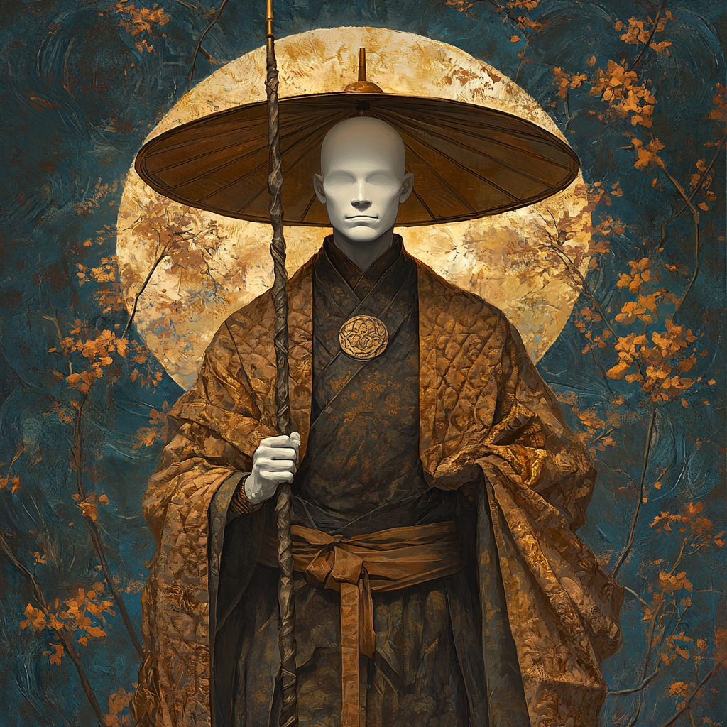 Blind human monk Brother Quan portrait, serene and commanding.