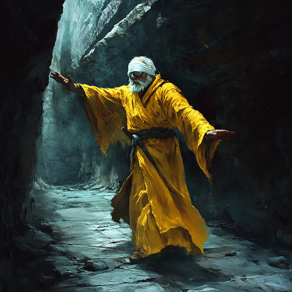 Blind old man in cavern, yellow robe, fantasy art.