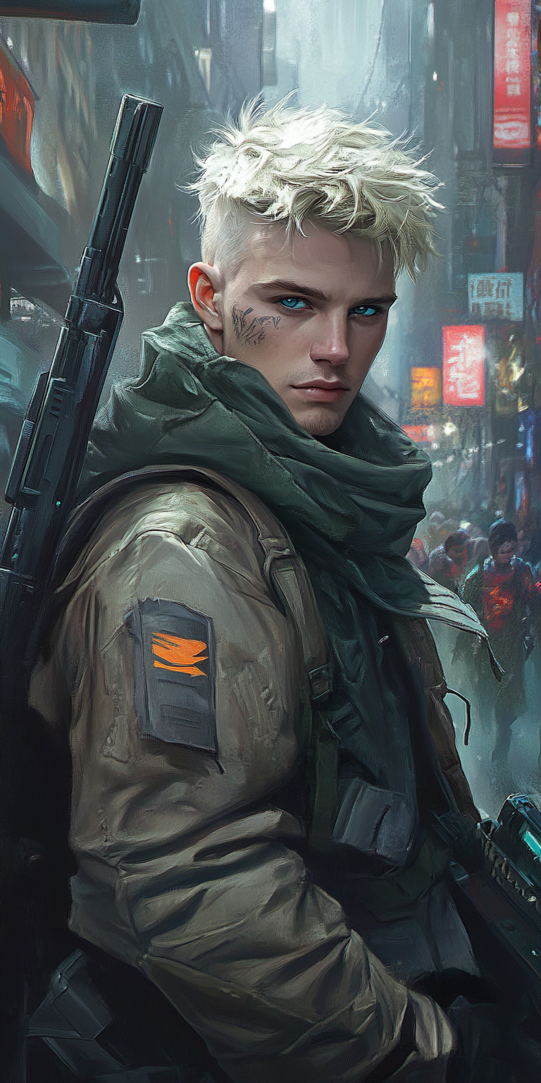 Blond, blue-eyed ex-military gang member in futuristic city.