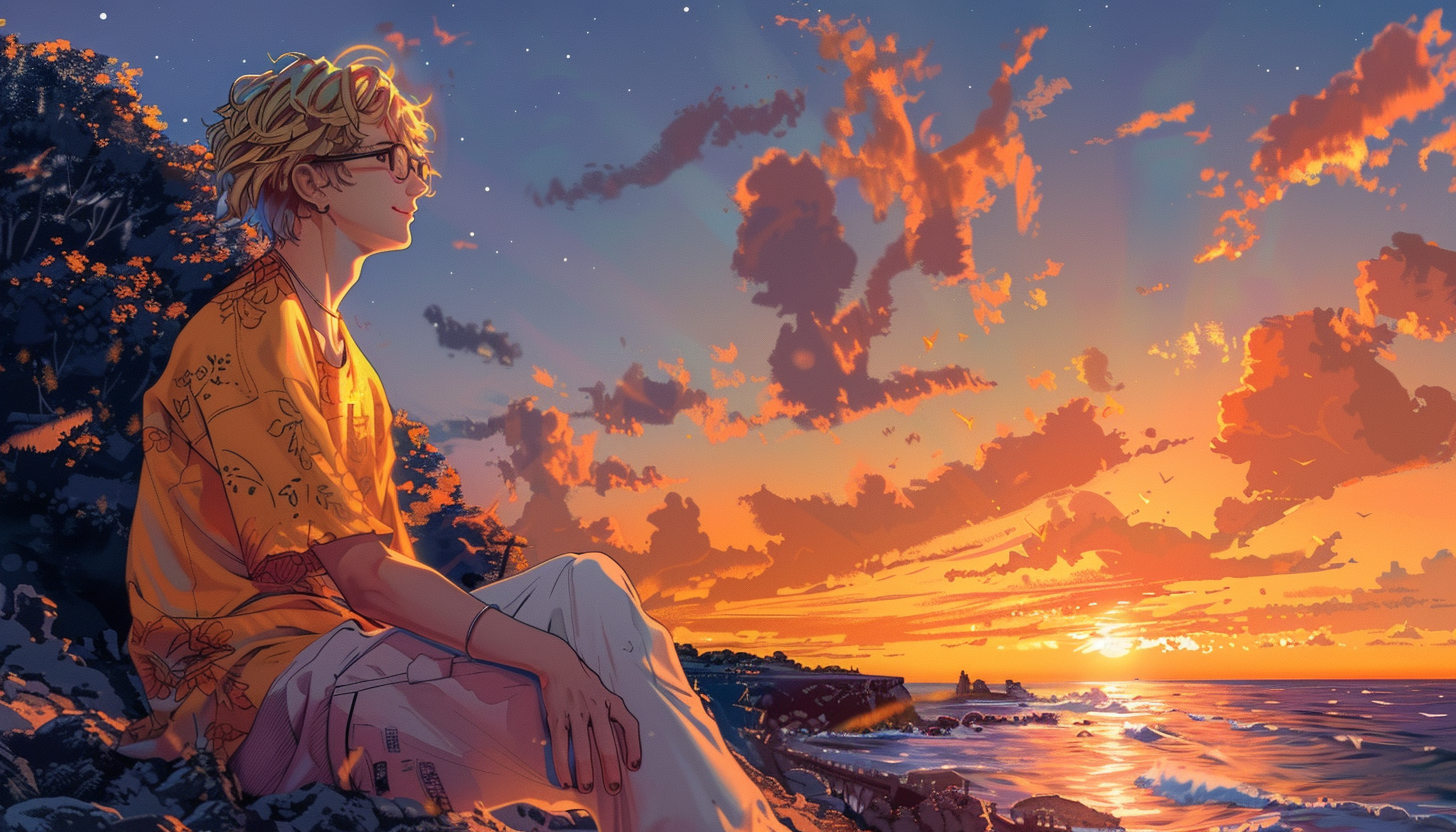 Blond Man Reflecting on Beach at Sunset, Ghibli Style