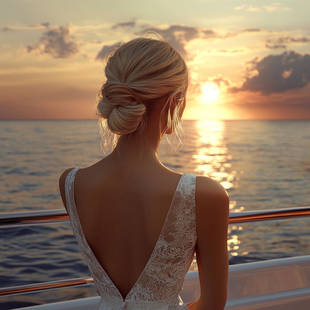 Blond Woman in White Dress Enjoying Yacht Sunset