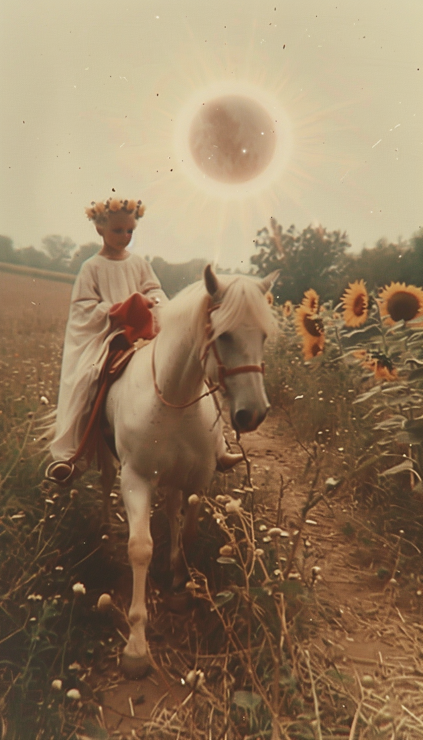 Blond baby with flower crown on white horse in sunflower field.