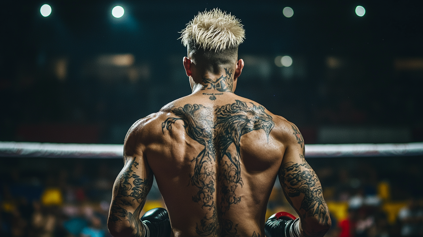 Blond boxer with tattoos wins fight in stadium