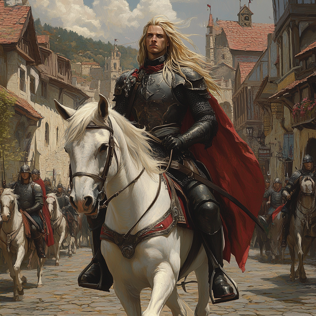 Blond man on white horse near crossroads with army.