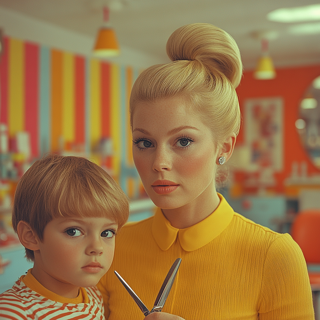 Blond woman in children's salon, cutting child's hair.