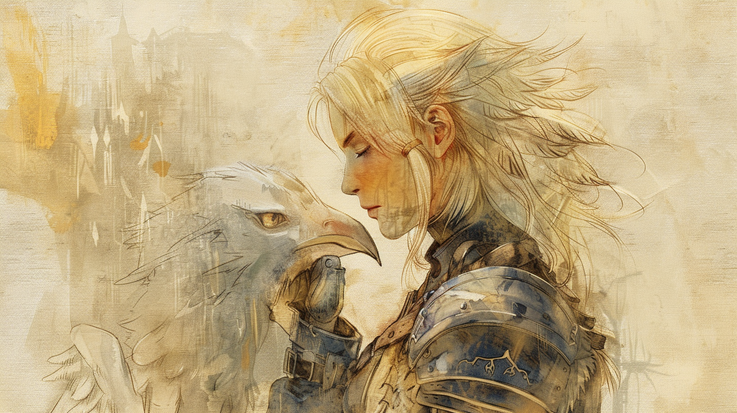 Blonde Ashe with armor holds Chocobo in watercolor portrait.