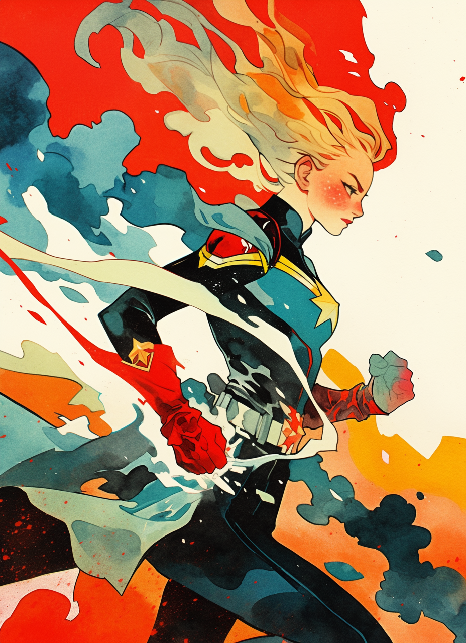 Blonde Captain Marvel with long hair in watercolor style.