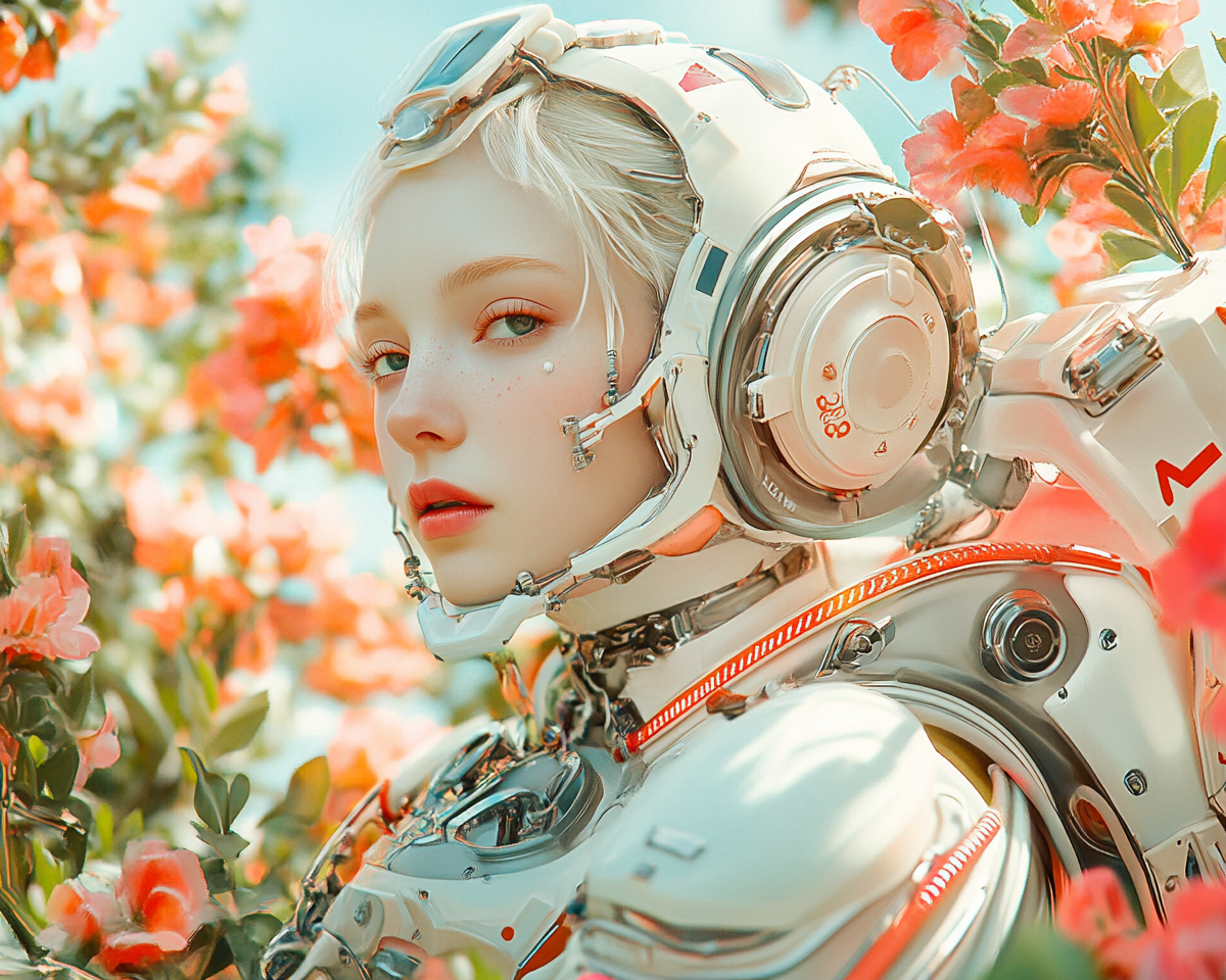 Blonde Cyborg Woman in Colorful Garden - Digital Art