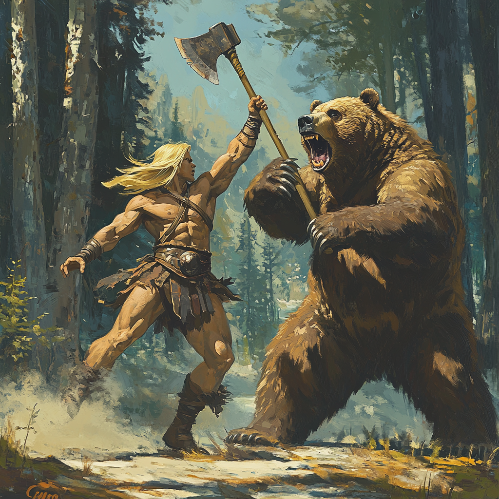 Blonde Gladiator vs Angry Bear in Forest - Stock Image