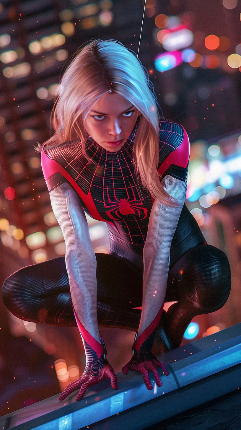 Blonde Spider-Gwen on NYC rooftop at night.