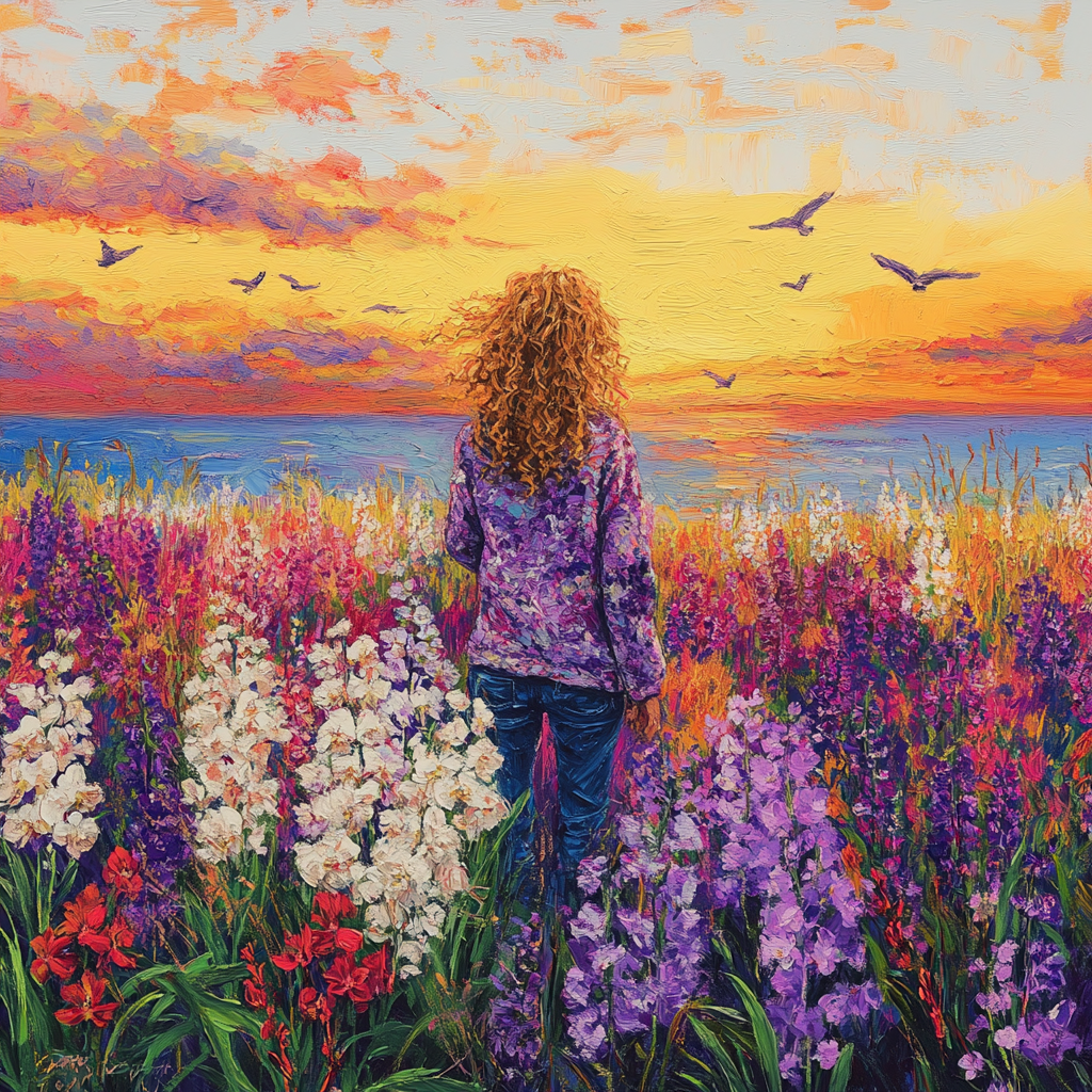 Blonde Woman Standing in Field of Orchids at Sunset